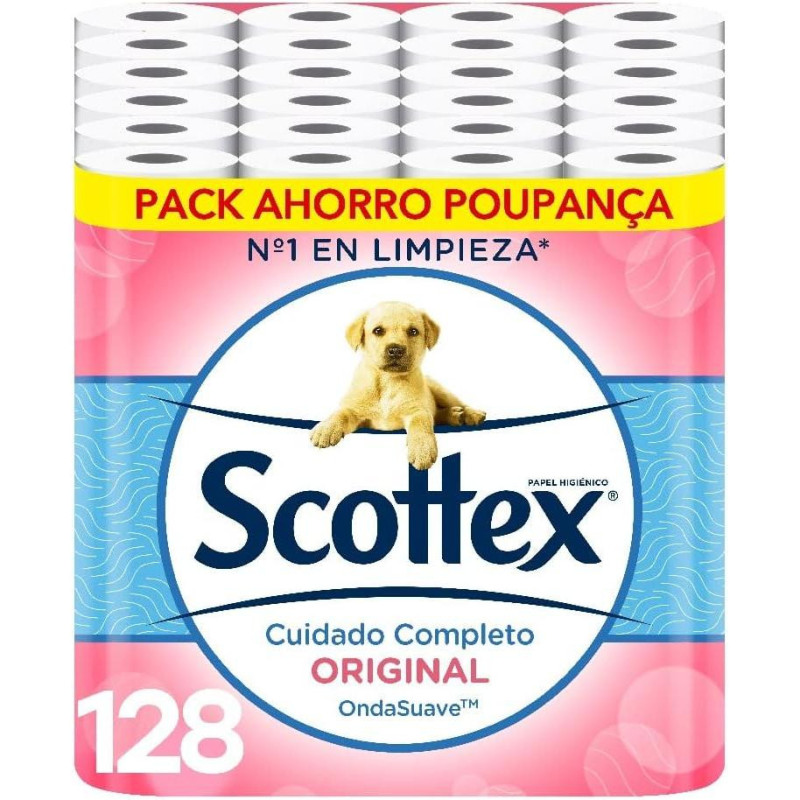 PAPEL HIGIENICO SCOTTEX PACK SUPER AHORRO 128 UNIDADES 2 CAPAS HIGIENE Y SUAVIDAD