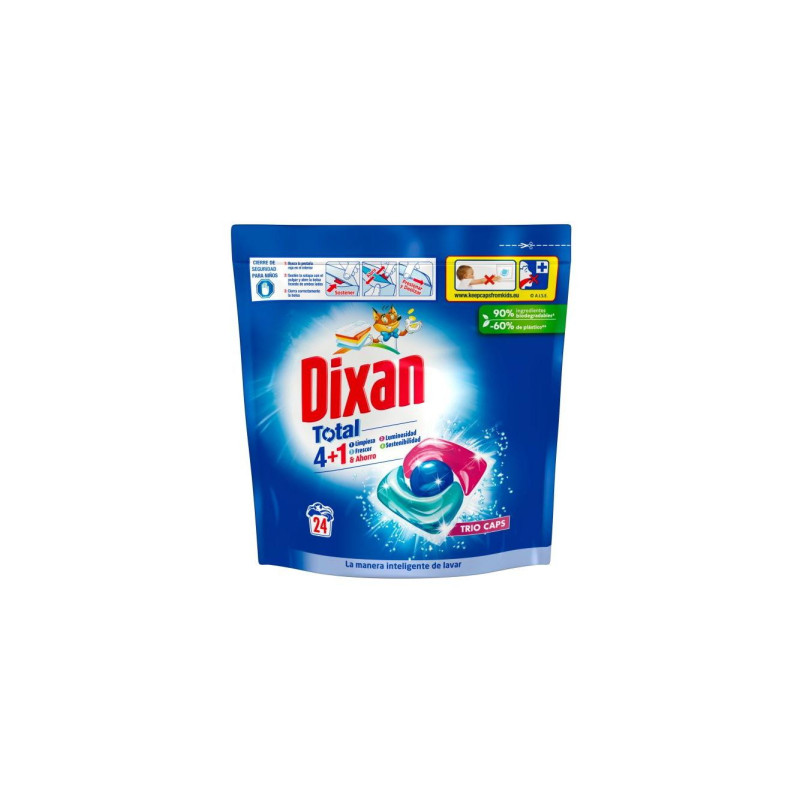 DIXAN TOTAL 4+1 TRÍO CAPS  24 UDS, JABÓN PARA ROPA BLANCA Y CLARA, LIMPIEZA, LUMINOSIDAD Y FRESCOR EN UN DETERGENTE