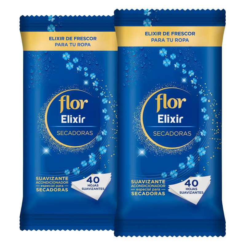 FLOR ELIXIR SUAVIZANTE ACONDICIONADOR PARA SECADORAS, 80 SERVICIOS 2*40 UDS