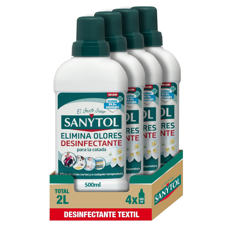SANYTOL  DESINFECTANTE TEXTIL_ ELIMINA GÉRMENES Y MALOS OLORES DE LA ROPA SIN LEJÍA - PACK DE 4 X 500 ML