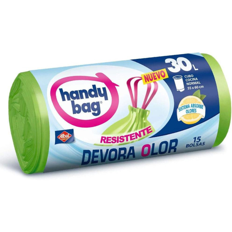 PACK X4 HANDY BAG, ALBAL, BOLSA BASURA AUTOCIERRE 30L DEVORA OLOR  15 UDS ALTA RESISTENCIA, ( 60 BOLSAS)