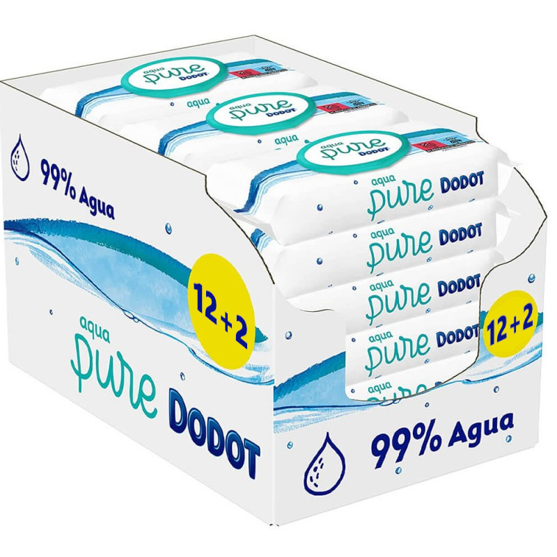 DODOT TOALLITAS AQUA PURE PARA BEBÉ, 99% AGUA 14 PAQUETES (12+2 GRATIS)