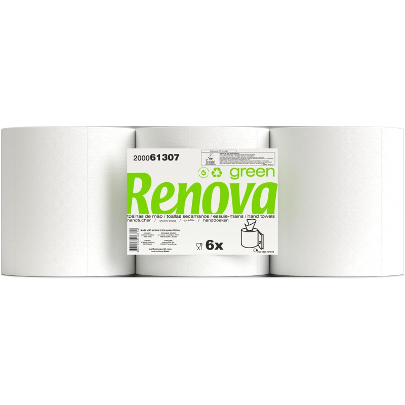 Renova Green Bobinas Secamanos 6 Bobinas de 96 Metros Papel Blanco 2 Capas Ecolabel